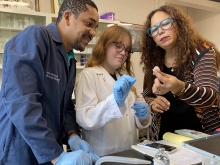 La Dra. Carmen Maldonado Vlaar con dos miembros de su laboratorio, examinando un tubo de muestra.