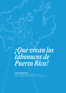 Ilustración trazada de un árbol de tabonuco en líneas blancas sobre un fondo azul. El texto dice qué vivan los tabonucos de Puerto Rico.